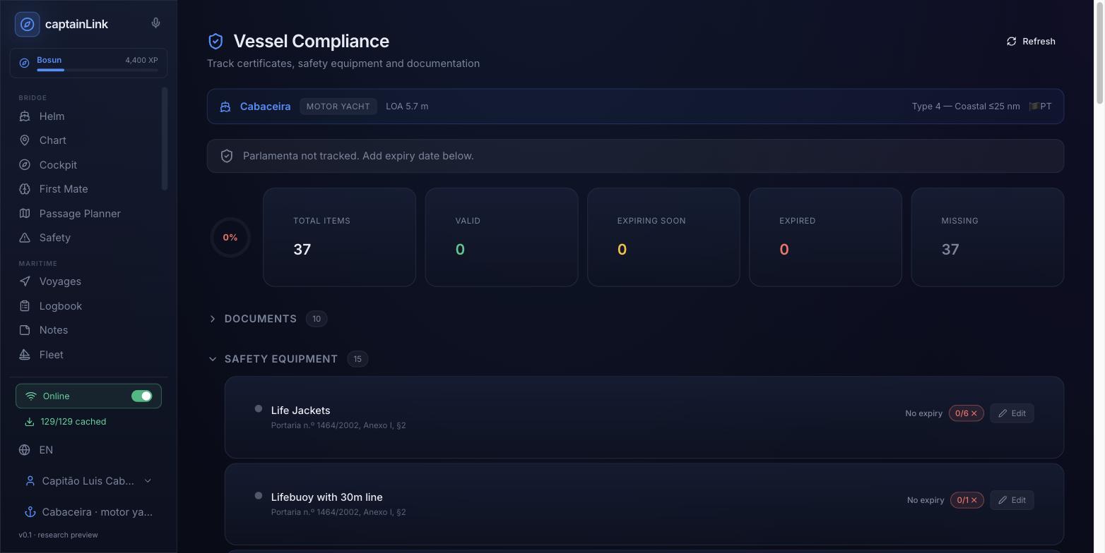 captainLink Vessel Compliance dashboard