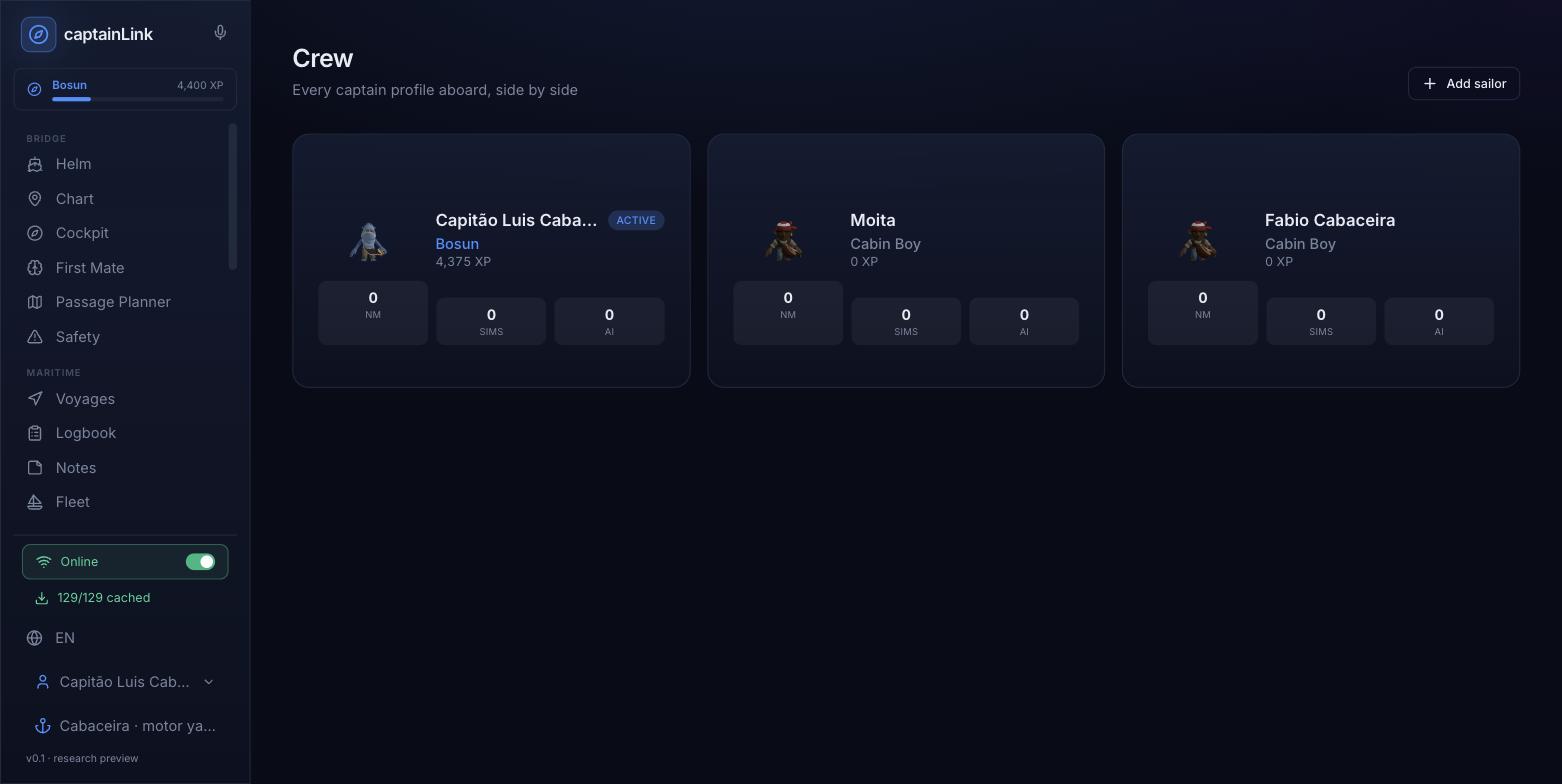 captainLink Crew page — captain profiles