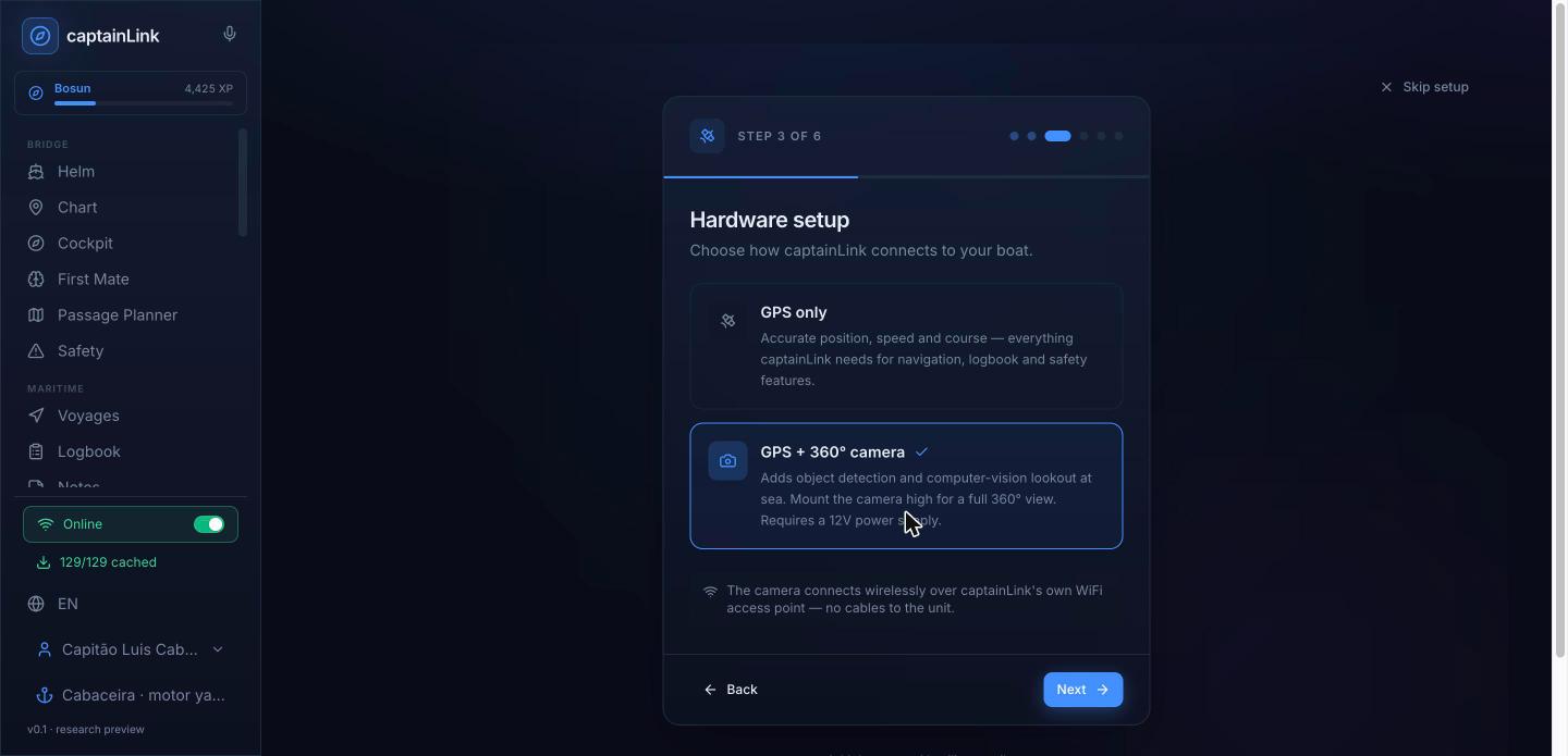 captainLink setup wizard, Hardware setup step