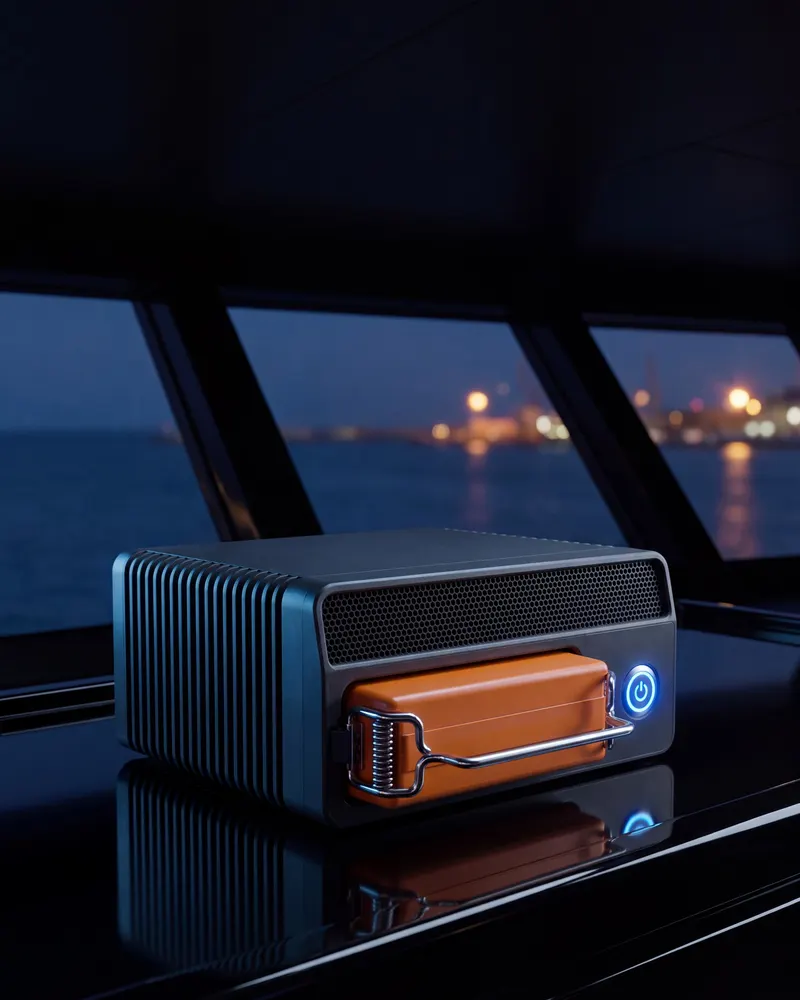 Caja CaptainLink con su estuche naranja y el botón azul encendido en la bañera de un yate al atardecer
