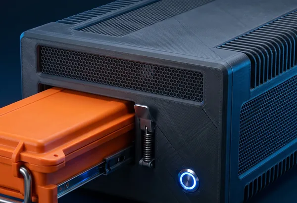 Frente de la caja CaptainLink con el cartucho naranja y el botón azul