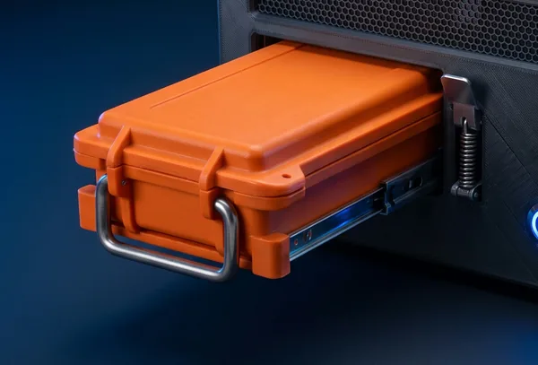 El cartucho naranja saliendo de la caja sobre sus raíles