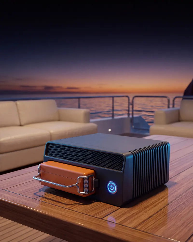 Caja CaptainLink con su estuche naranja y el botón azul encendido en la bañera de un yate al atardecer