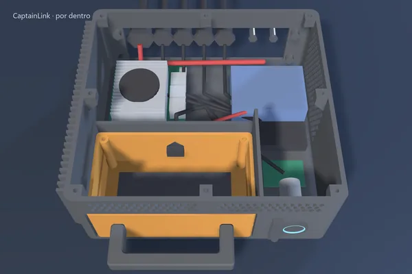 Render en corte de la caja con el ordenador dentro